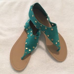 Green Faux Suede Gold Studded Sandals NWOB
